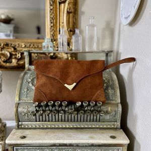 Vintage Brown Suede Wristlet Clutch Purse Handbag Bag Leather Restored Travel